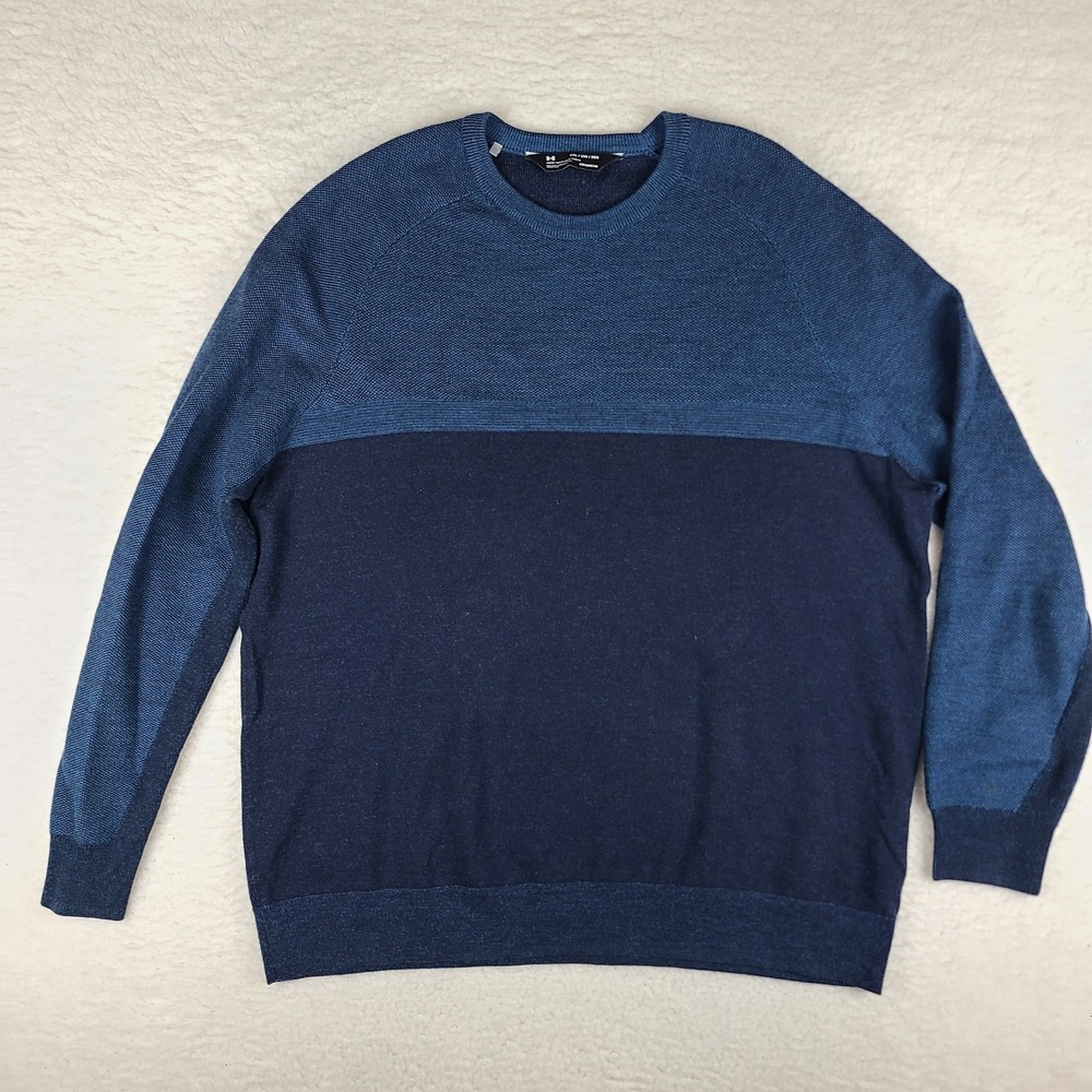 Under Armour Sweater Mens 2XL XXL Blue Loose Coldgear Crewneck Wool Sweatshirt *